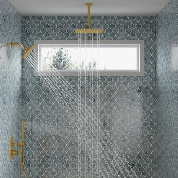 Thermostatic 7-Spray 12 in. Ceiling Mount Dual Shower Head and Handheld Shower in Brushed Gold (Valve Included)