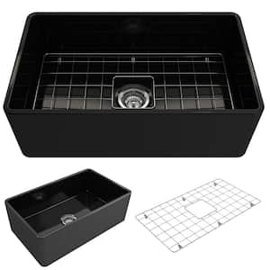 Classico Farmhouse Apron Front Fireclay 30 in. Single Bowl Kitchen Sink with Bottom Grid and Strainer in Black