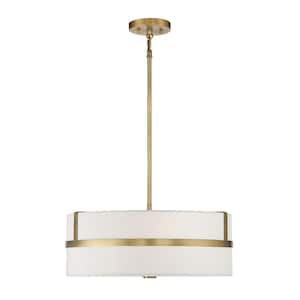 20 in. W x 8 in. H 4-Light Natural Brass Shaded Pendant Light with White Drum Fabric Shade