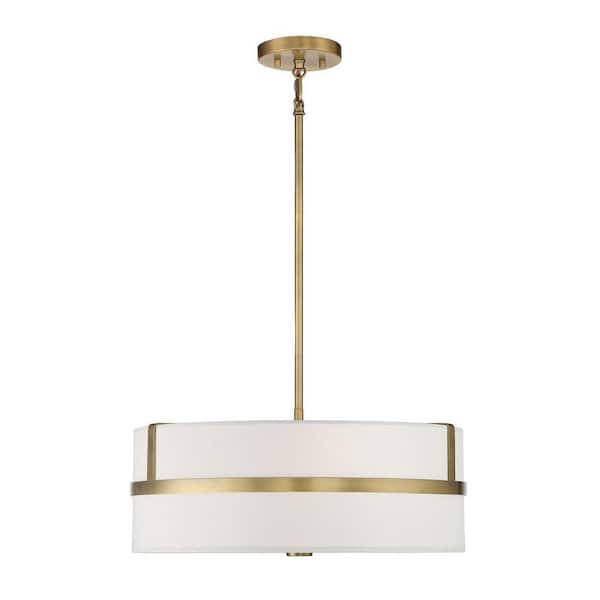 TUXEDO PARK LIGHTING 20 in. W x 8 in. H 4-Light Natural Brass Shaded Pendant Light with White Drum Fabric Shade