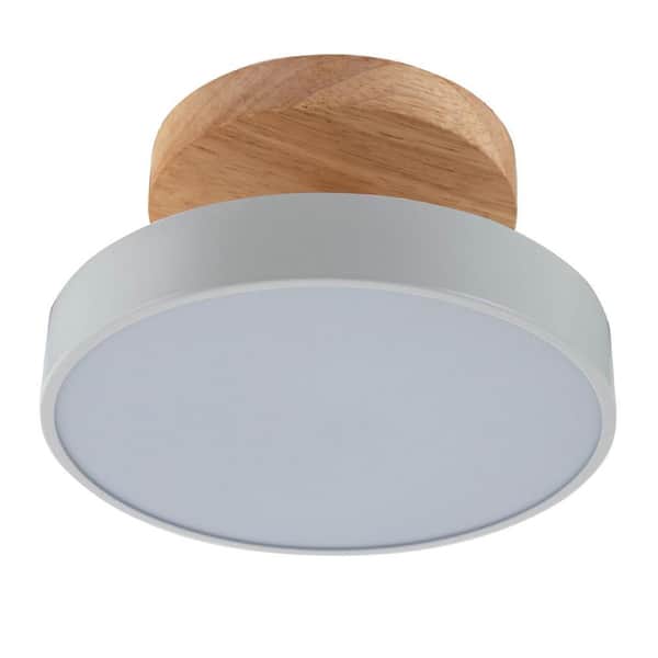 OUKANING 7.08 in. 1-Light White and Wood Modern Round Selectable