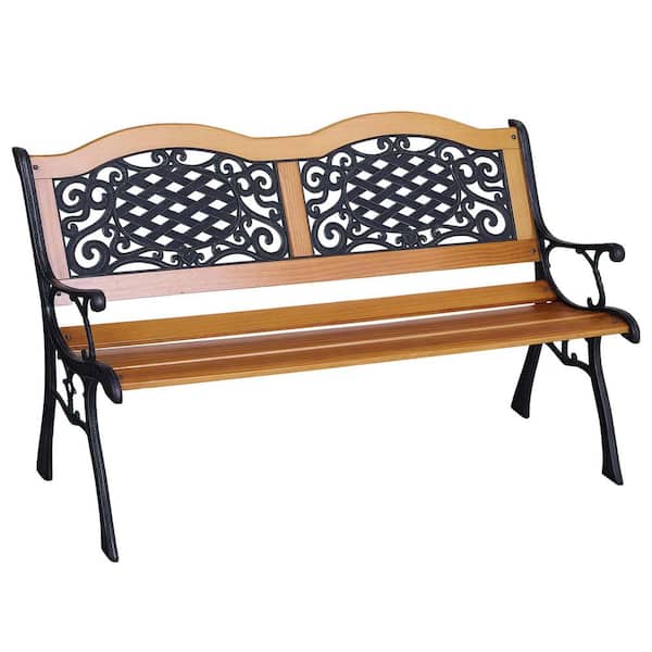 Brown Wood and Black Metal Outdoor Bench