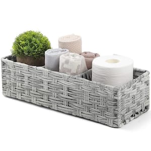 Multiuse Hand Woven Plastic Wicker Basket with Divider for Organizing, Countertop Organizer Storage, Gray Wash