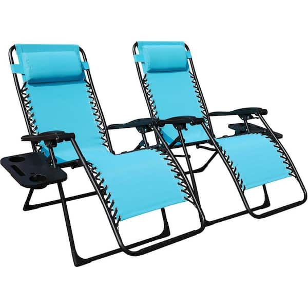 maocao hoom Black Metal Outdoor Folding Chaise Lounge Chair with Pillow in Blue