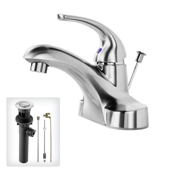 ALEASHA 4 in. Centerset Single-Handle Mid Arc Bathroom Sink Faucet with Drain Kit Included in Brushed Nickel