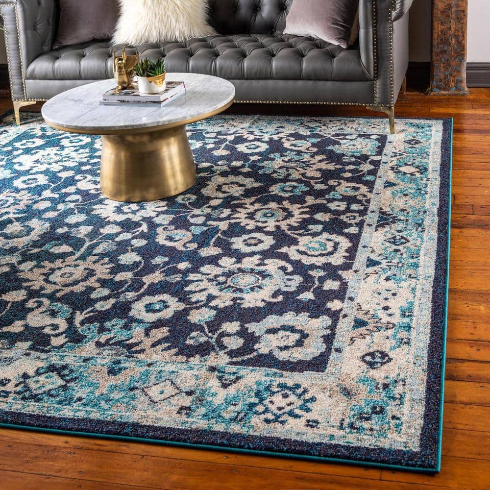Navy Blue Square Floral Synthetic Easy Care Rug