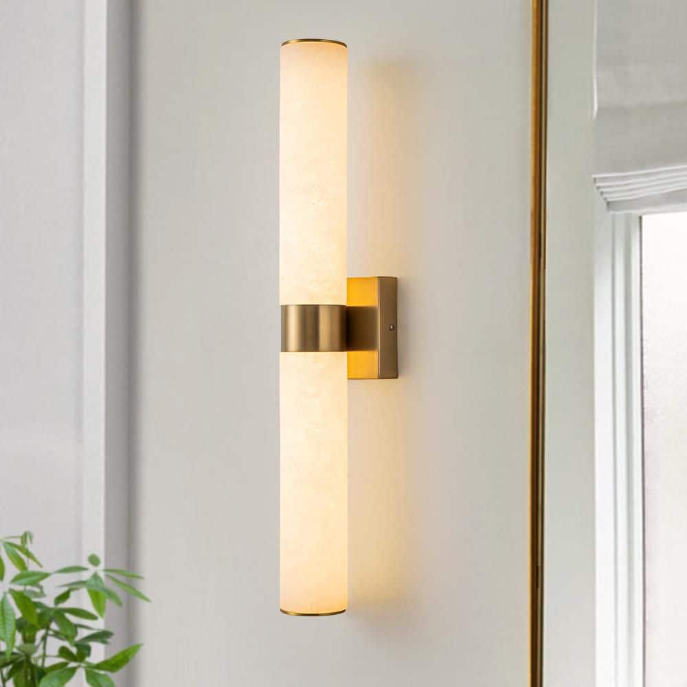 23.6 in. 1-Light Brushed Gold Cylinder Solid Stone Vanity Light LED Sconce with Marbleized Glass Shade price history on PriceWatchPro