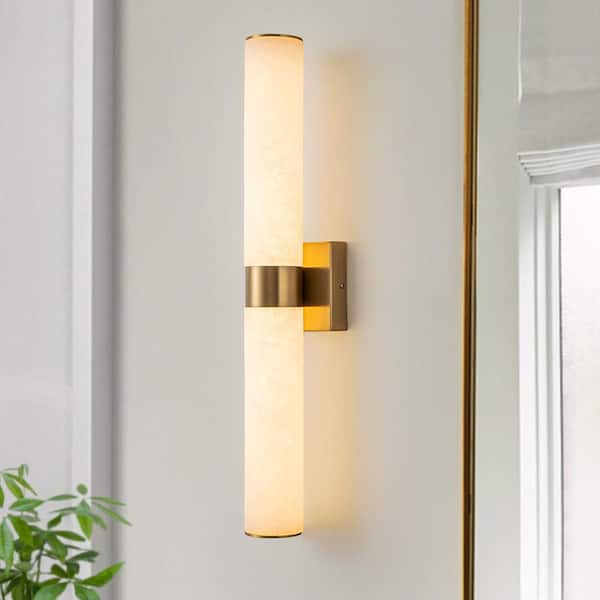23.6 in. 1-Light Brushed Gold Cylinder Solid Stone Vanity Light LED Sconce with Marbleized Glass Shade