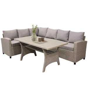 Brown 3-Piece PE Wicker Outdoor Sofa Set Sectional Furniture with Table and Gray Cushions