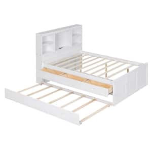Antique White Wood Frame Full Platform Bed with Twin Trundle, 3-Drawers, USB Charging, Storage Headboard with Shelves