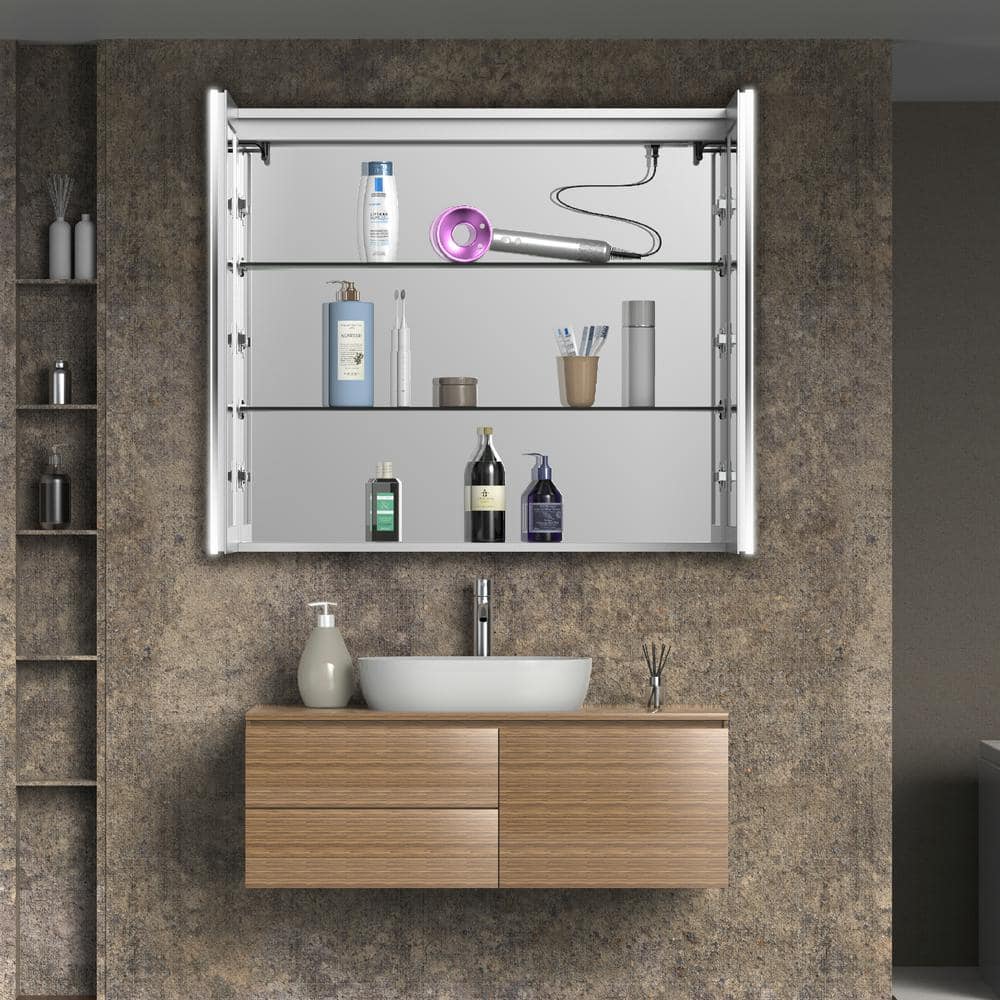 Large Gray Aluminum Surface Mount Medicine Cabinet with LED Mirror