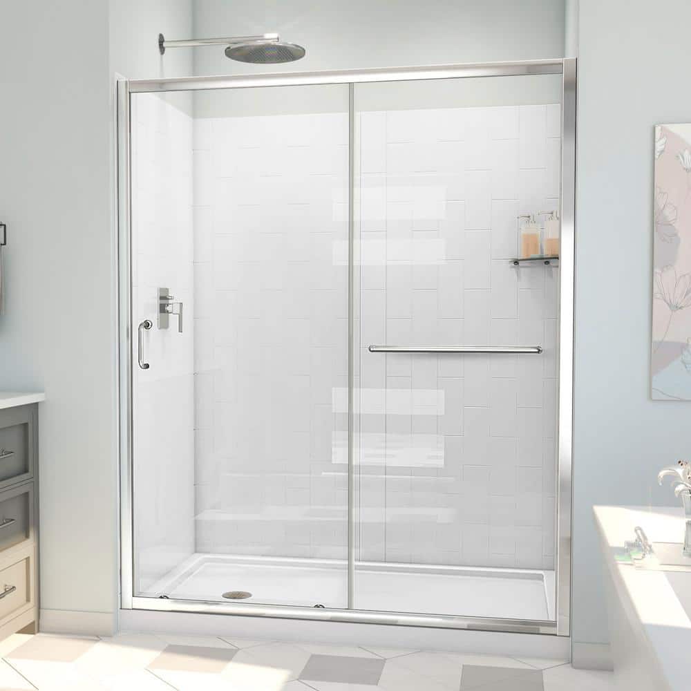 Chrome and Clear Glass Semi-Frameless Sliding Shower Kit with White Acrylic Walls