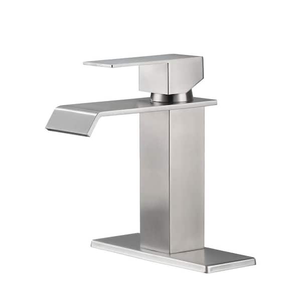 Single Handle Bathroom Faucet with Deckplate and Waterfall Spout in Brushed Nickel (1-Pack ）