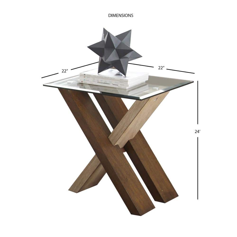 Natural Cherry Glass Top Square End Table with Cross Base