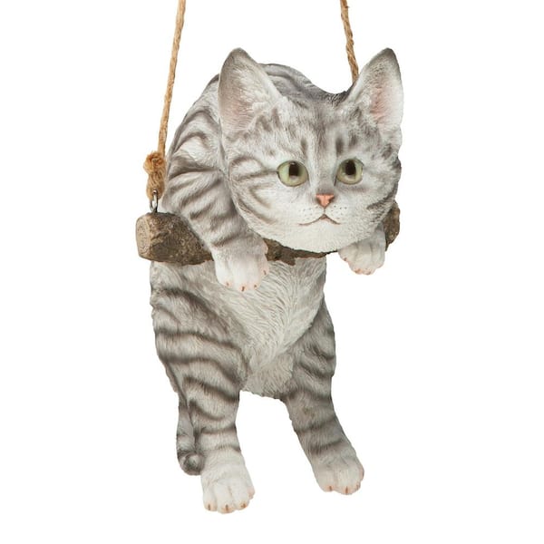 Design Toscano 8 in. H Gray Tabby Kitty on a Perch Hanging Cat Sculpture