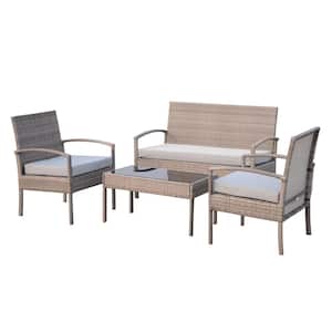 Grey 4-Piece Metal Patio Conversation Set with White Cushions