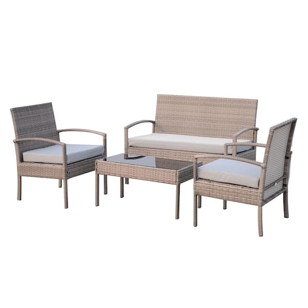 Outsunny Grey 4-Piece Metal Patio Conversation Set with White Cushions