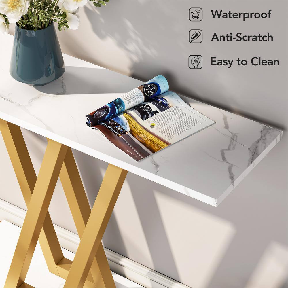 Gold and White Faux Marble Console Table with V-Legs