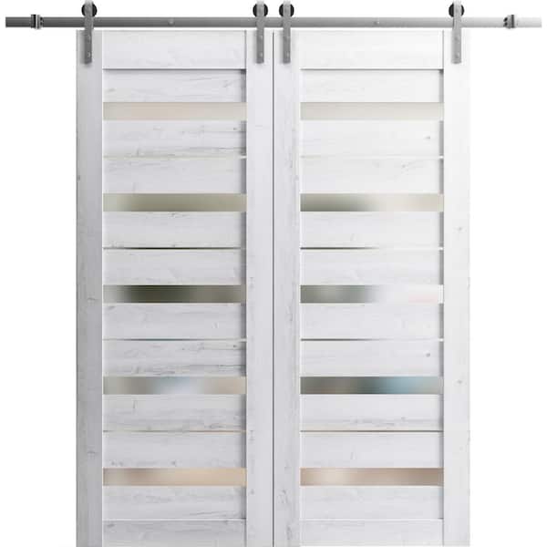 Sartodoors 18 in. x 96 in. 2 Panel Frosted Glass Nordic White Solid MDF Sliding Barn Door with Hardware Kit