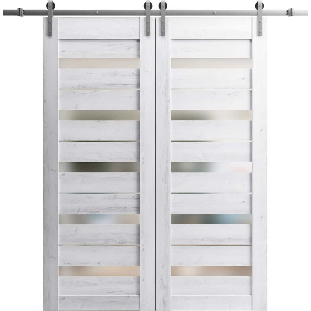 Assemble Required 42 in. x 96 in. 2 Panel Frosted Glass Nordic White Solid Wood Sliding Barn Door with Hardware Kit price history on PriceWatchPro