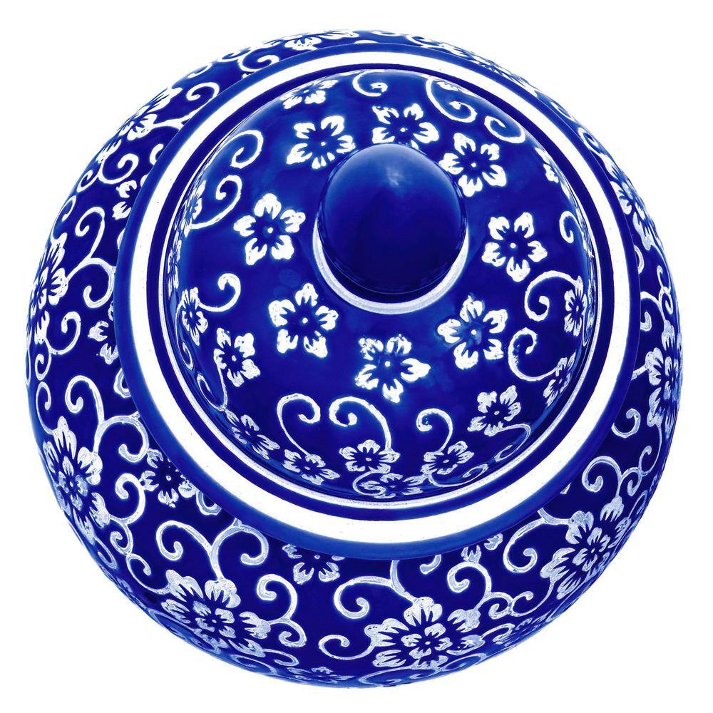 18-Inch Blue and White Floral Porcelain Temple Jar