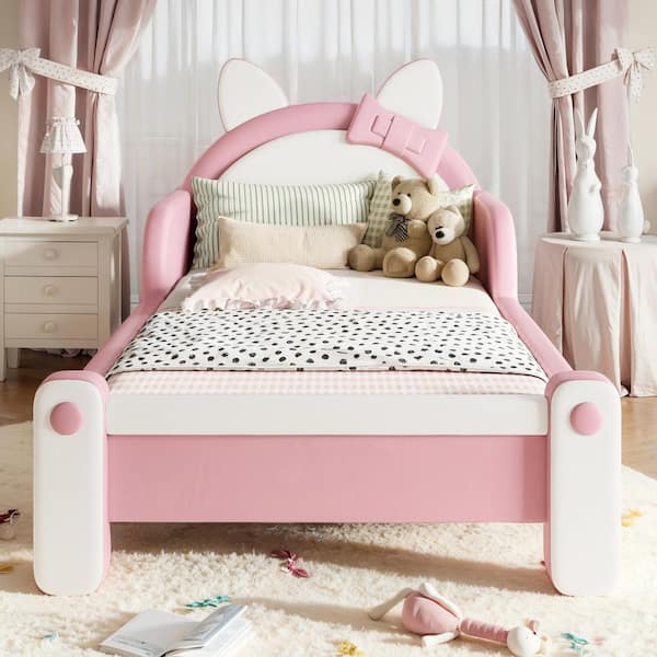 Pink/White Frame Twin Size Platform Bed with Cute Cat Shaped