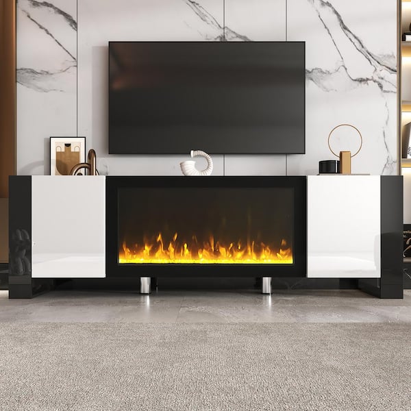 Harper & Bright Designs White Modern TV Stand Fits TVs up to 78 in. with 34.2 in. Non-heating Electric Fireplace Appearance, 2- Cabinets