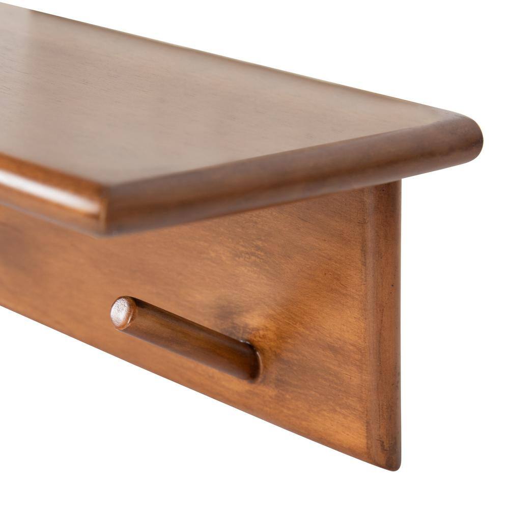 Walnut Brown 36" Floating Wood Shelf with Hooks