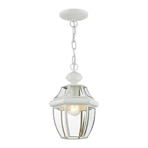 Aston 12.75 in. 1-Light White Dimmable Outdoor Pendant Light with Clear Beveled Glass and No Bulbs Included