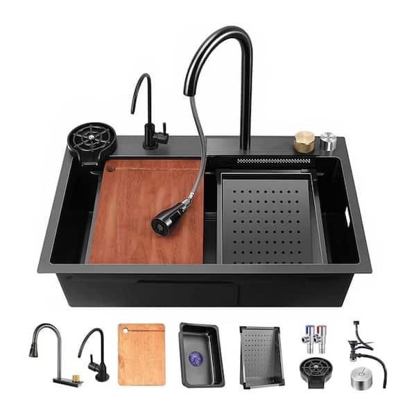 29.5 in. Drop-In Single Bowl Black Nano Stainless Steel Workstation Sink with Cup Washer and Full Accessories