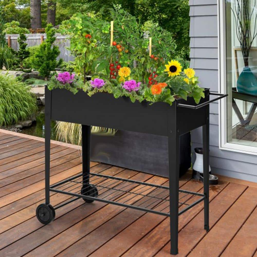 Black Iron Raised Garden Bed with Wheels and Shelf