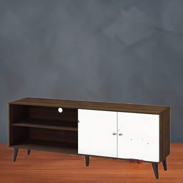 25.60 in. H TV Cabinet Fits TVs up to 63 in. with 2 Shelves and 1 Cabinet for Living Room White plus Walnut