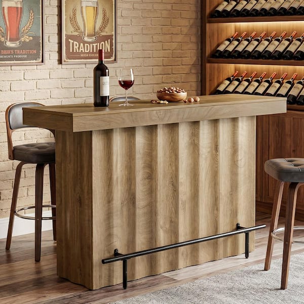 41 in. H Oak-color Engineered Wood Home Bar Table, 2-Tier Farmhouse High Top Pub Table with Footrest, Storage Shelves