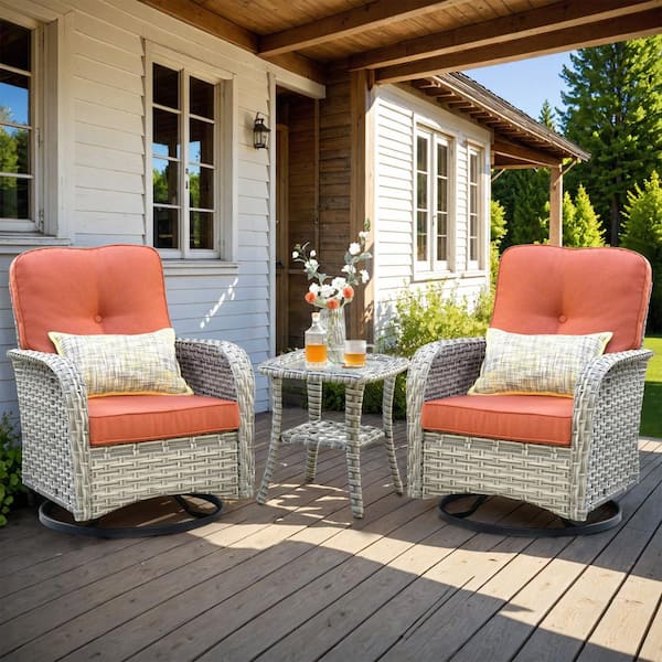HOOOWOOO Clara 3-Piece Wicker Outdoor Patio Conversation Swivel Chair Set with a Side Table and Orange Cushions