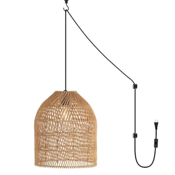 Koda 13 in. 1-Light Farmhouse Coastal Bohemian Rattan 180 in. Cord Plug-In or Hardwired LED Pendant, Brown