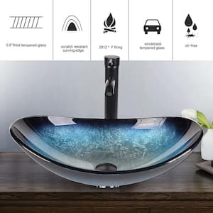 Boat Shape Blue Glass Vessel Sink with Faucet in Black included Pop-up Drain