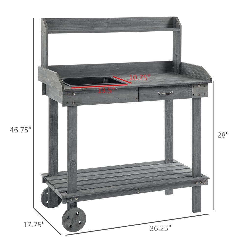 Gray Wooden Potting Bench with Sink and Storage