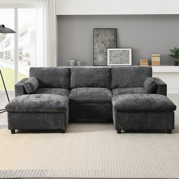 86.5 in. Chenille U-Shaped with 2 Movable Ottoman, Armrest Pillows, Free Combination Sectional Sofa in Dark Gray