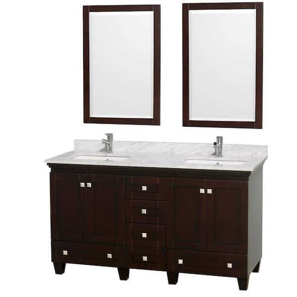 Wyndham Collection Acclaim 60 in. Double Vanity in Espresso with Marble Vanity Top in Carrara White, Square Sink and 2 Mirrors
