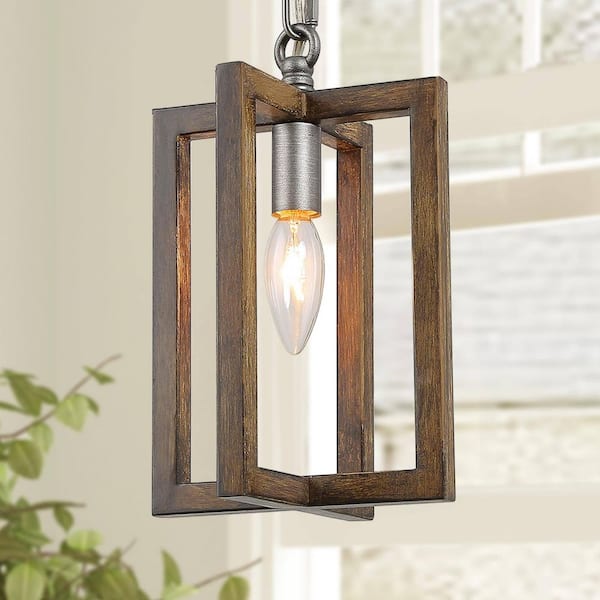 Modern Farmhouse 1-Light Brown and Brushed Silver Island Pendant Light with Faux Wood Metal Cage Hanging Light