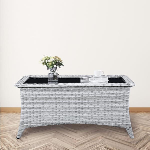 Opohoro ArcoBay Light Beige Rectangular Wicker Outdoor Coffee Table with Tempered Glass Top