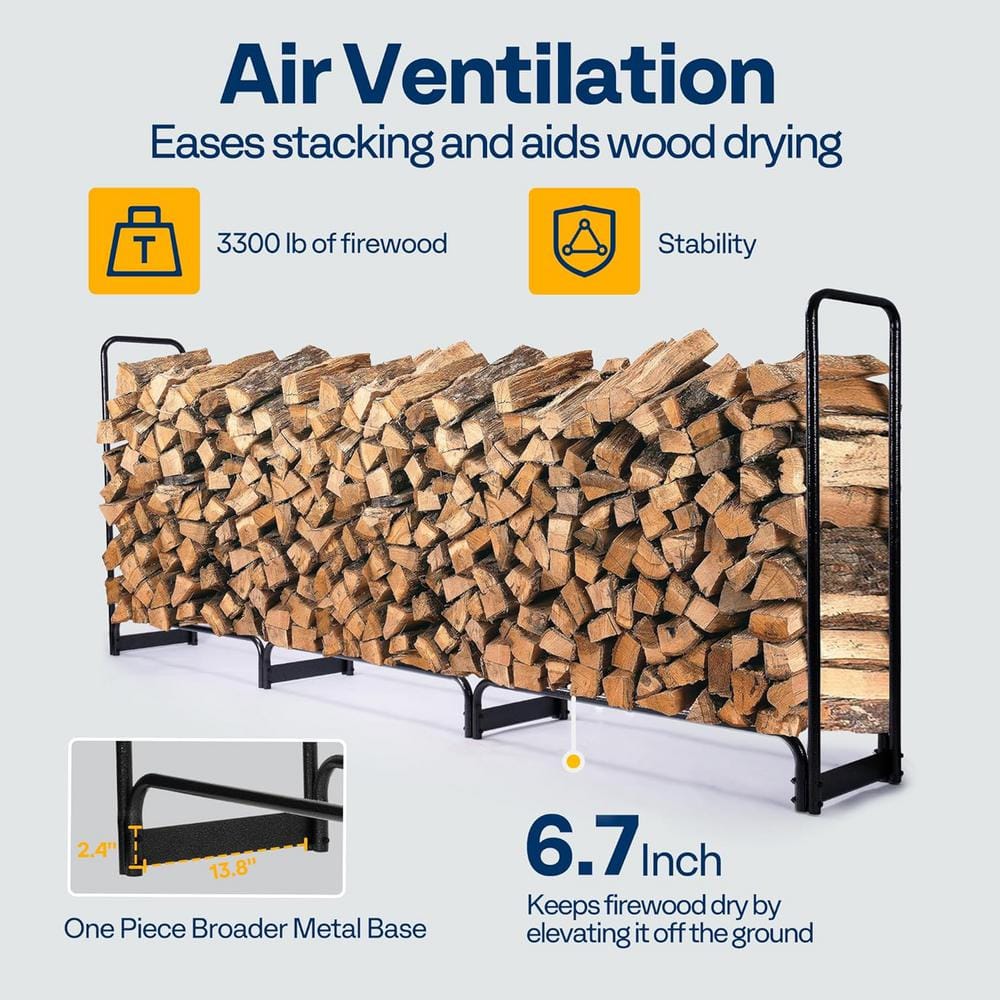 10 ft Black Heavy Duty Outdoor Firewood Rack with Cover