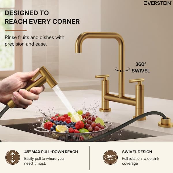 EVERSTEIN 2-Handle Deck Mount Kitchen Faucet 2-Hole Bridge Kitchen