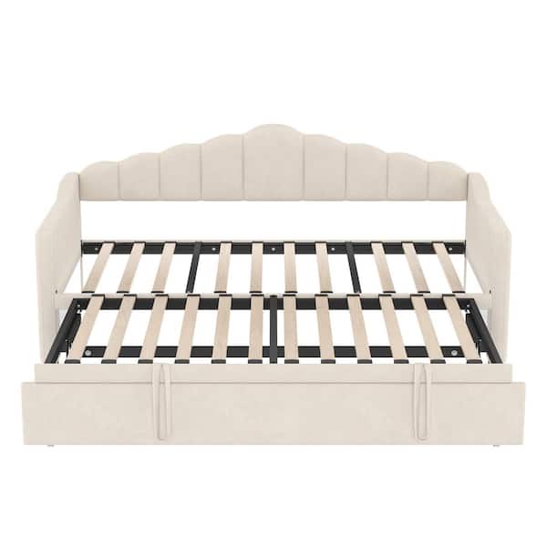 Beige Wood Frame Twin Size Daybed with Adjustable Height Pop Up Trundle and USB and Type-C Charging Port, 2 Side Pockets