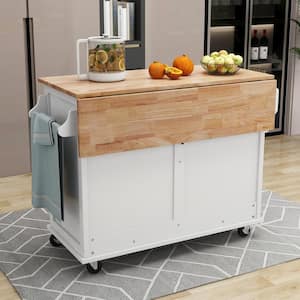 White Rubber Wood Flodable Drop-Leaf Countertop 52.2 in. W Kitchen Island with Concealed Sliding Barn Door, Drawers