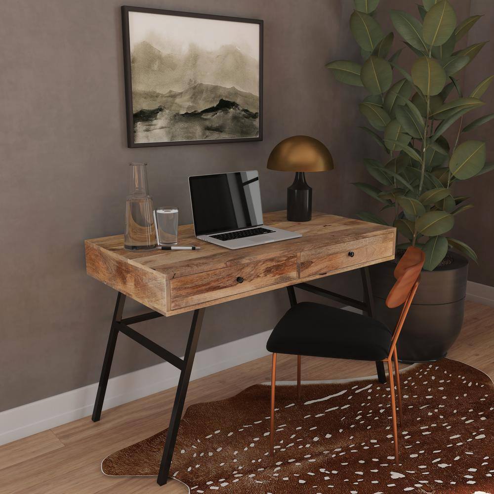 Modern Industrial Black Iron and Mango Wood Desk with Drawers