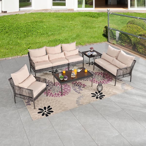 Patio Festival 8-Piece Wicker Outdoor Conversation Set with Beige Cushions