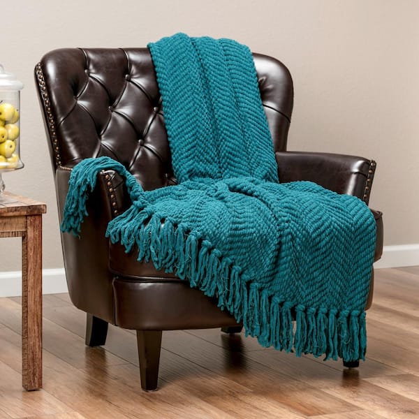 CHANASYA Textured Knit Teal Acrylic Polyester Throw Blanket with Tassels - 60 in. x 70 in.