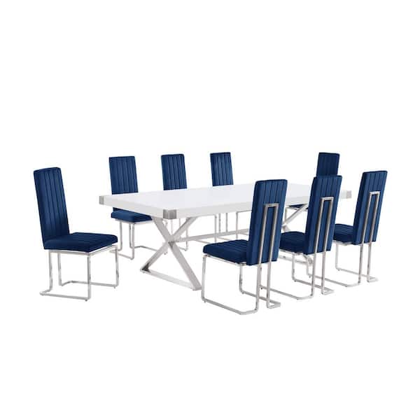 Miguel 9-Piece Rectangle White Wood Top Silver Stainless Steel Dining Set with 8 Navy Blue Velvet Chairs