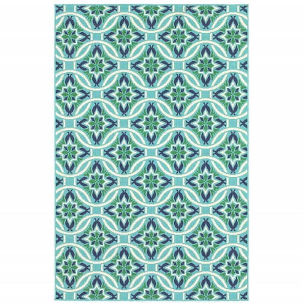 Blue, Green 9 ft. x 13 ft. Loomed Geometric Polypropylene Rectangle Indoor/Outdoor Area Rug